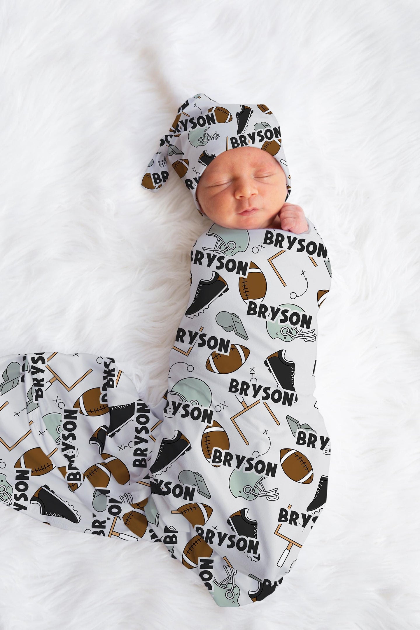 Personalized Baby Girl Swaddle Blanket Hat Set, football swaddle, sports hospital reveal outfit baby boy baby shower gift receiving blanket